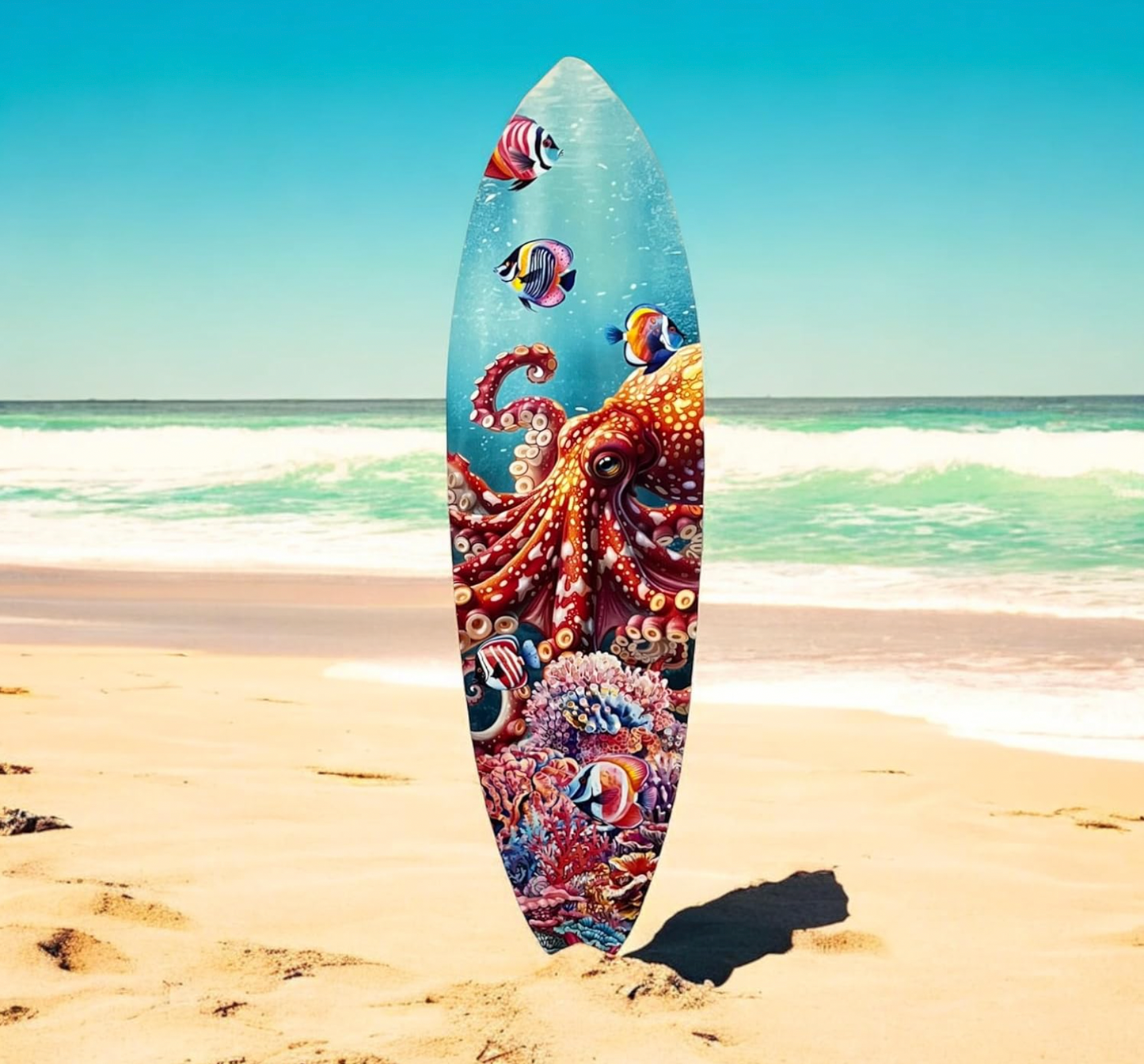 Outdoor Octopus Surfboard Wall Art Decor, Octopus Surfboard Sign, Weather Resistant PVC, 3 - 5 Feet