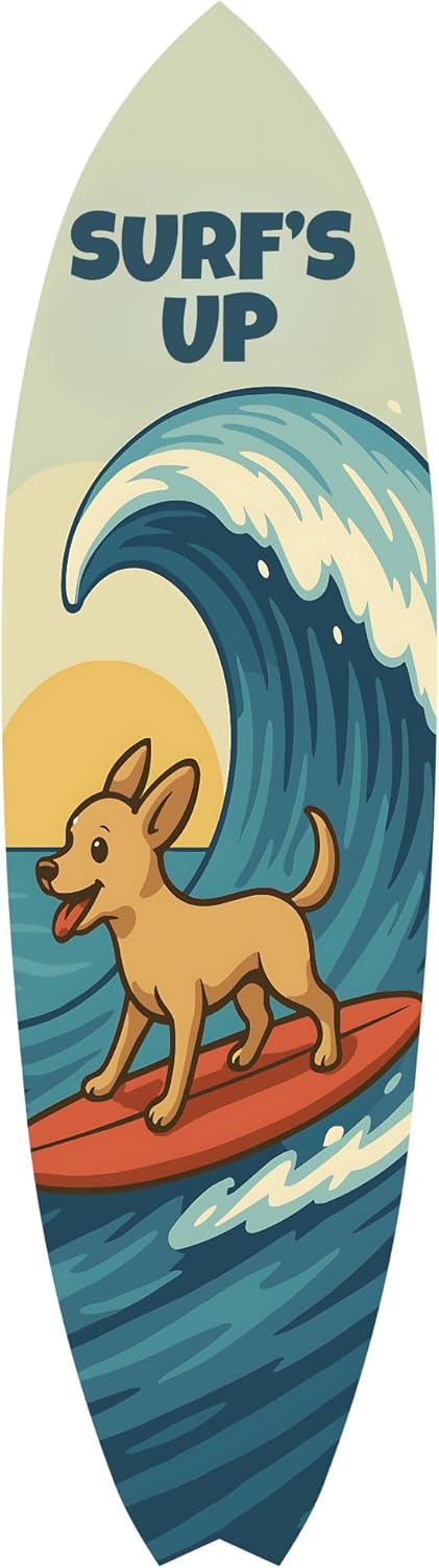 Outdoor Dog Surfboard Wall Decor – Coastal Pet Wall Art, PVC Beach House Decor for Dog Owners, Surfs Up, 3 - 5 Feet